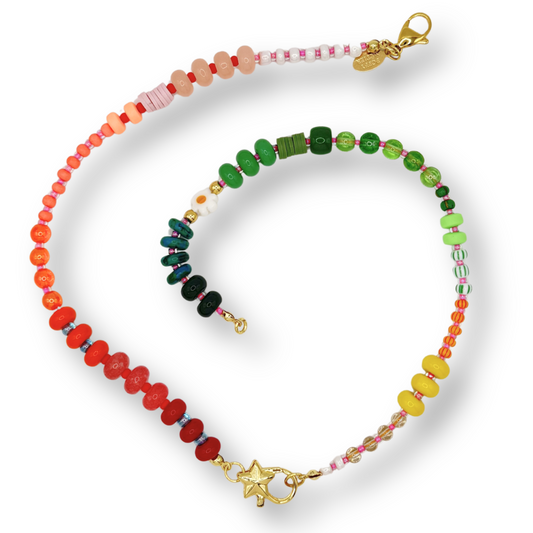 colorful beaded necklaces on a white background