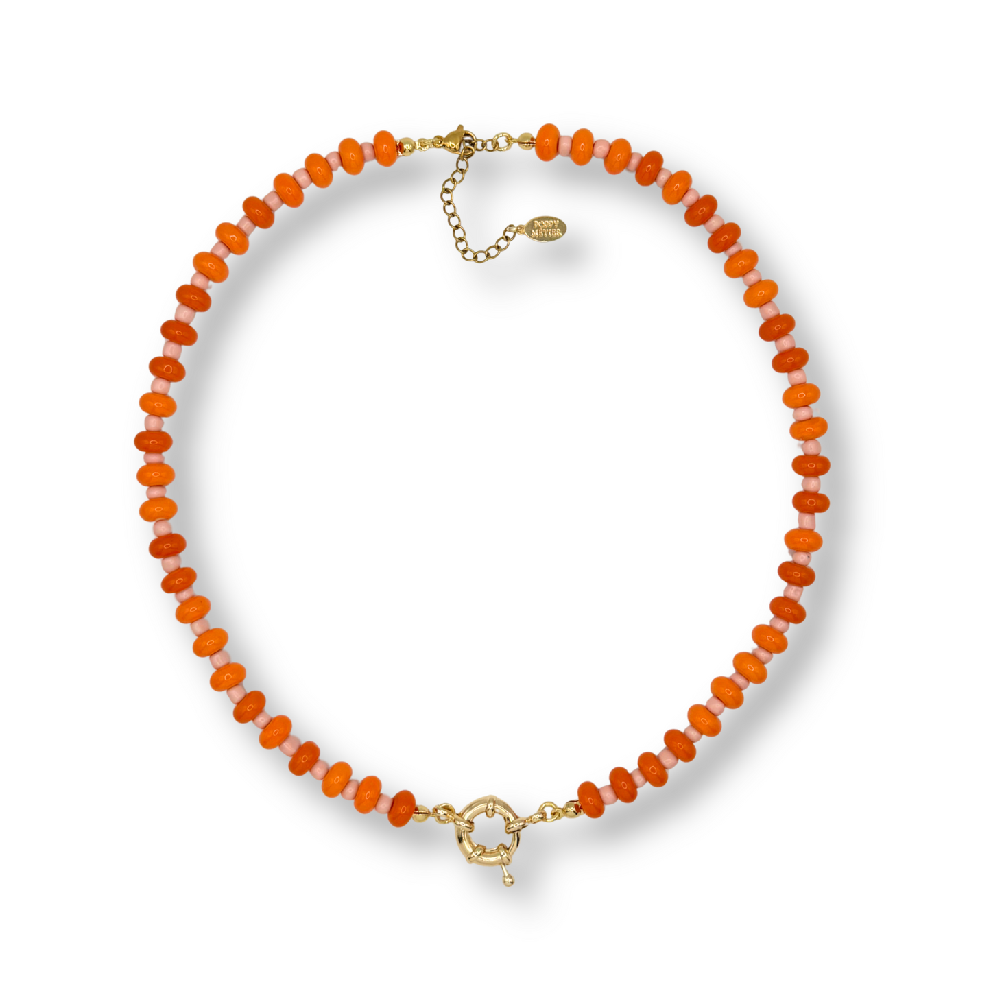 A beaded necklace made of small, orange beads with gold-toned metal hardware, including a clasp and extender chain, displayed on a clean white background.