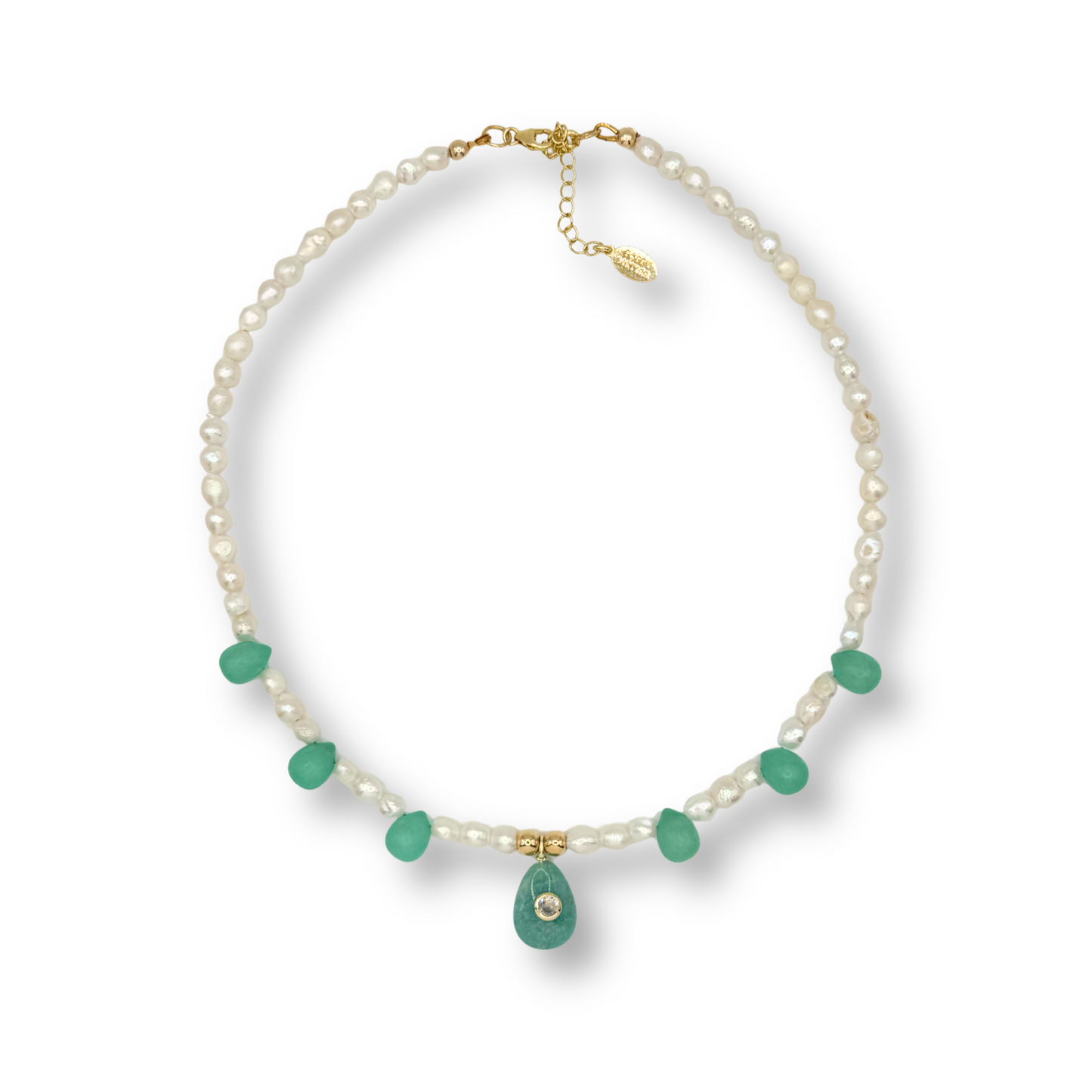 A pearl necklace with gold-tone hardware, featuring small round green beads spaced along the front and a larger teardrop-shaped green bead pendant at the center, displayed on a clean white background.