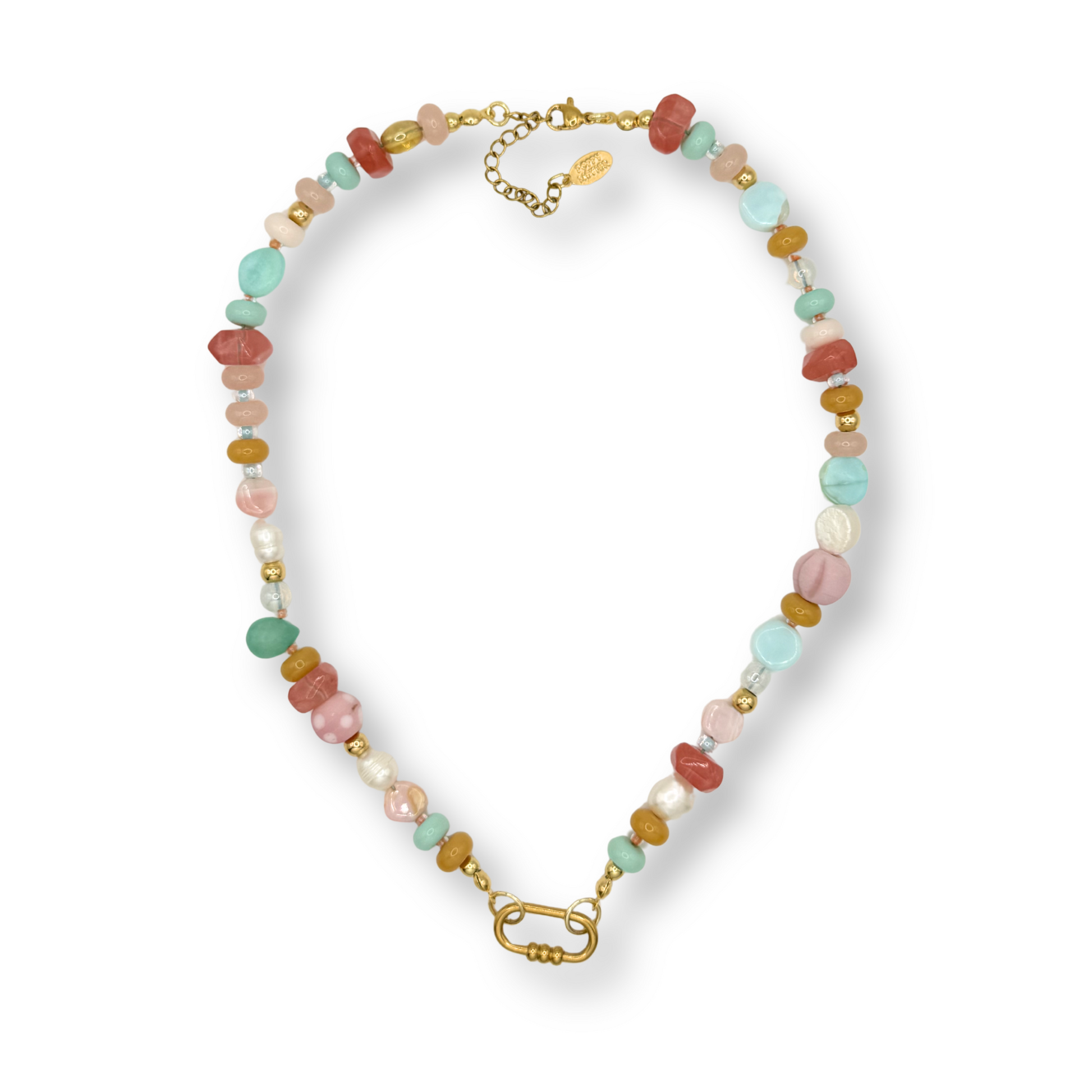 beaded necklace with pink and green beads on a white background
