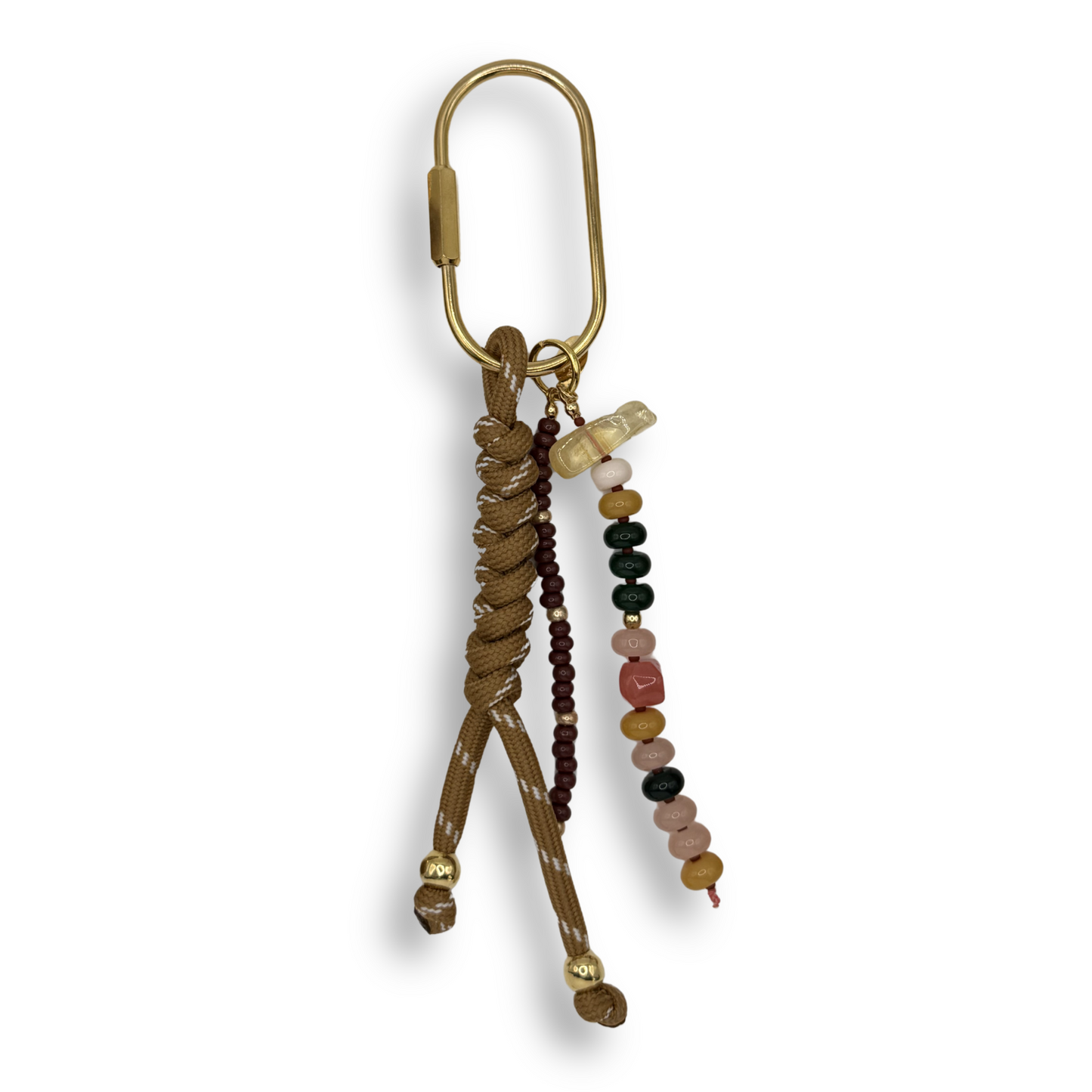 Beaded keychain with a gold clasp on a white background