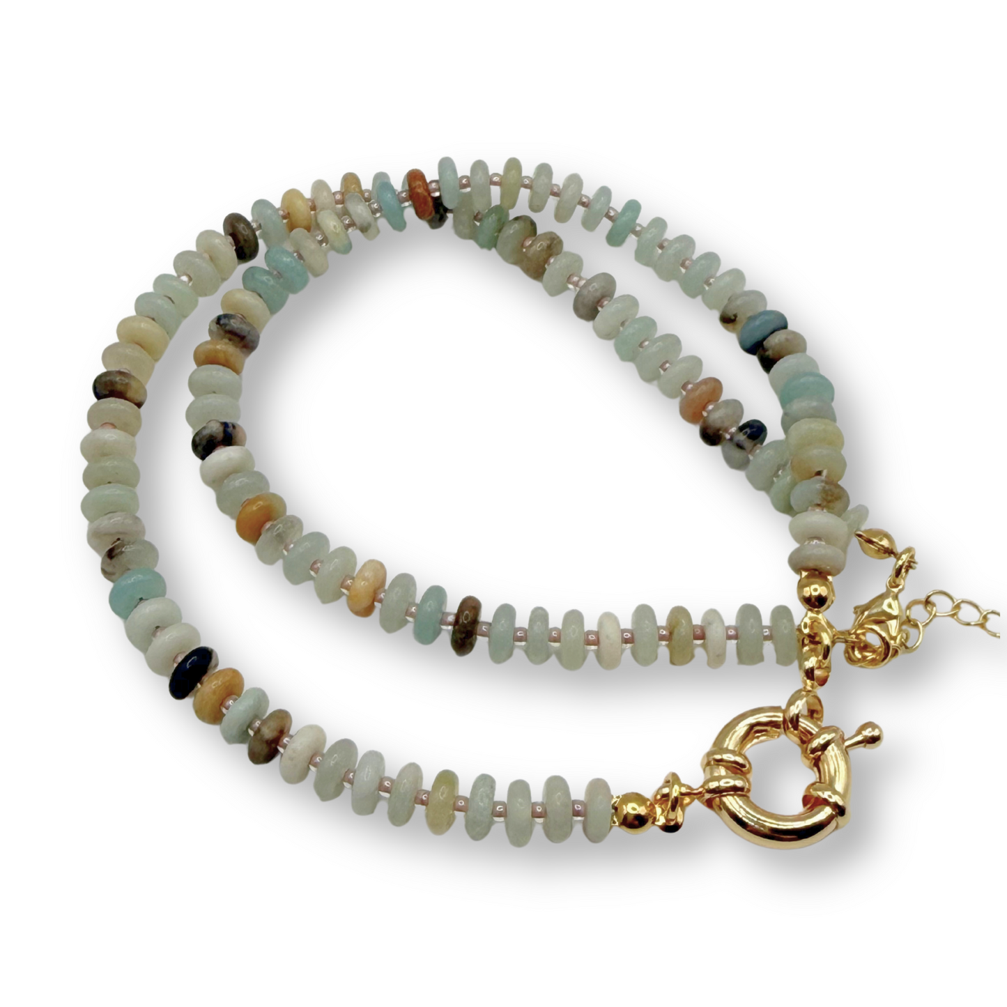 A beaded necklace featuring light green, white, and brown natural stone beads with a gold clasp, displayed on a clean white background.