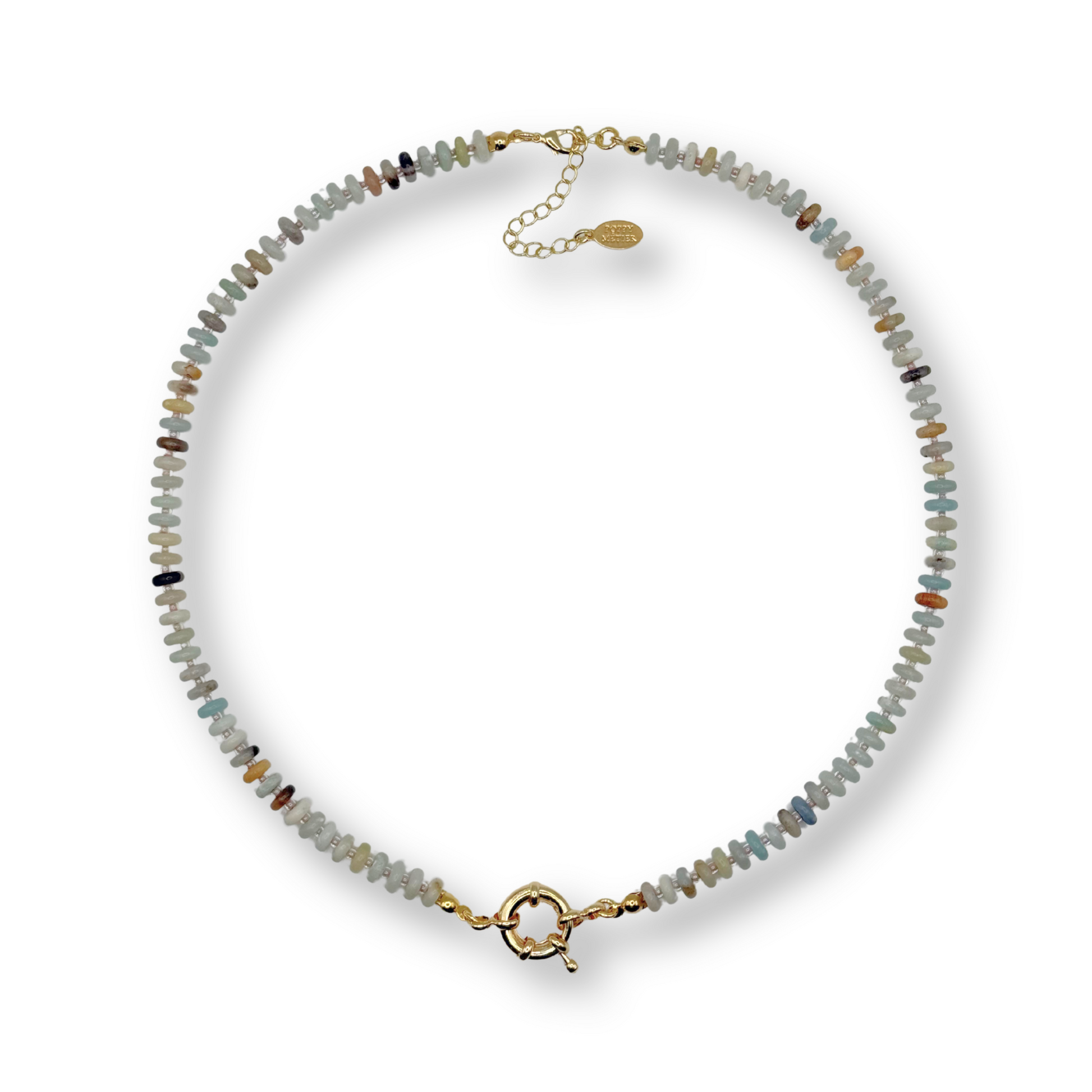 A delicate beaded necklace with small faceted beads in pale gray, white, and muted blue, accented with seed spacer beads and gold-plated sailor clasp