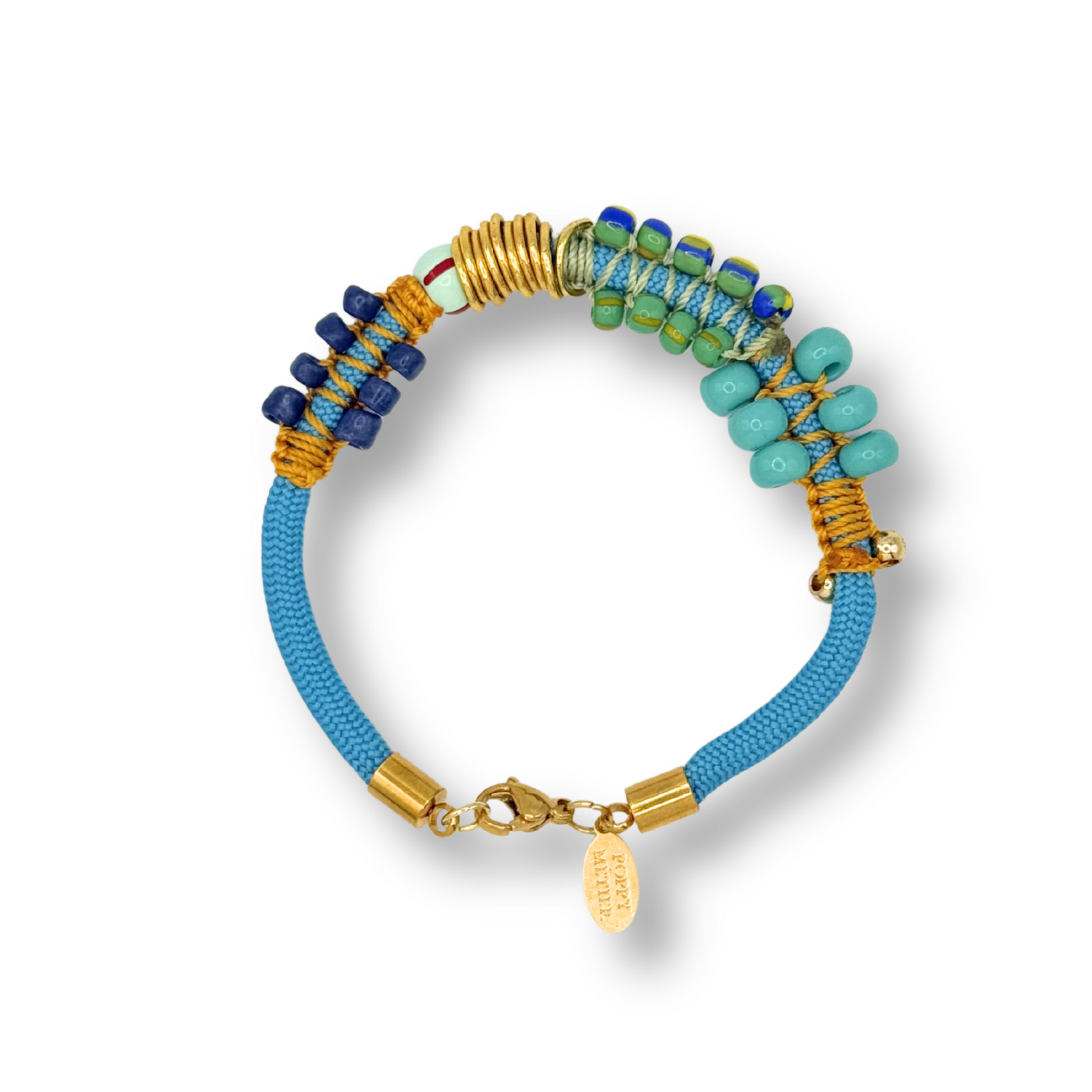 Multicolored beaded bracelet with gold accents on a white background