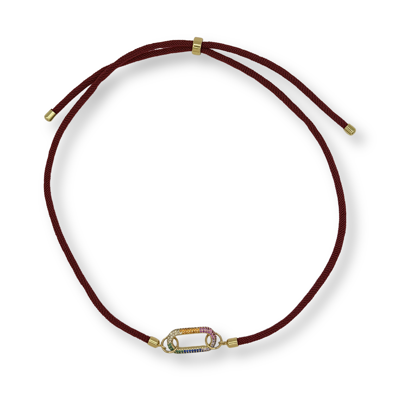Brown cord necklace with a gold clasp on a white background