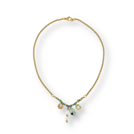 Gold necklace with green and blue beads on a white background