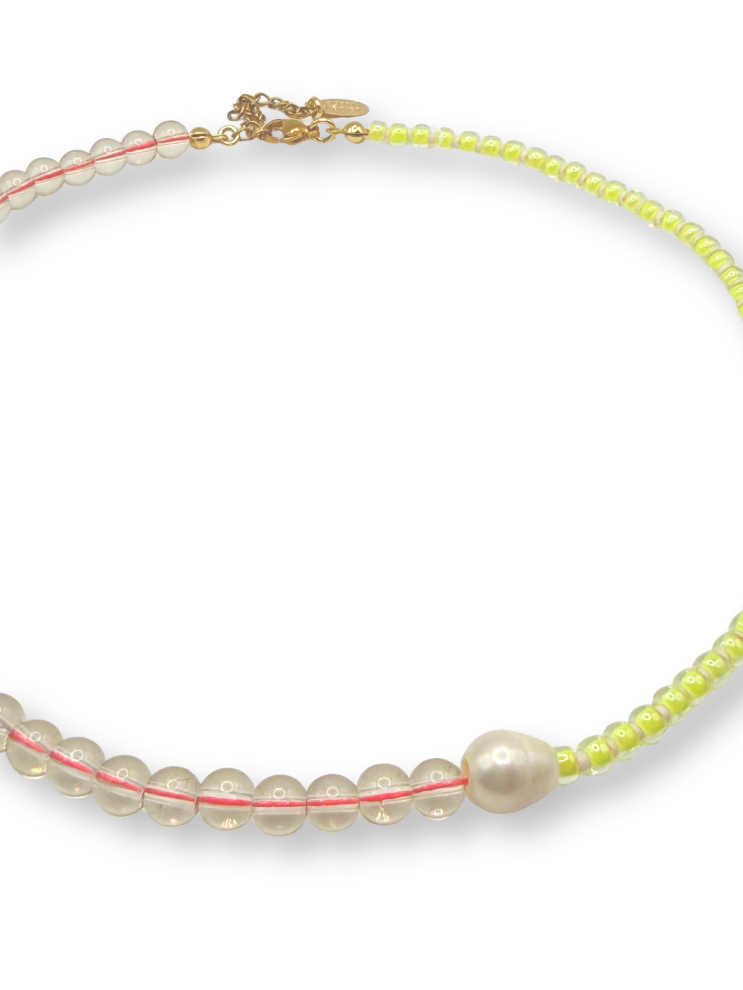A double-strand beaded necklace featuring translucent white pearls and neon yellow-green beads separated by thin pink strings, with a gold clasp.