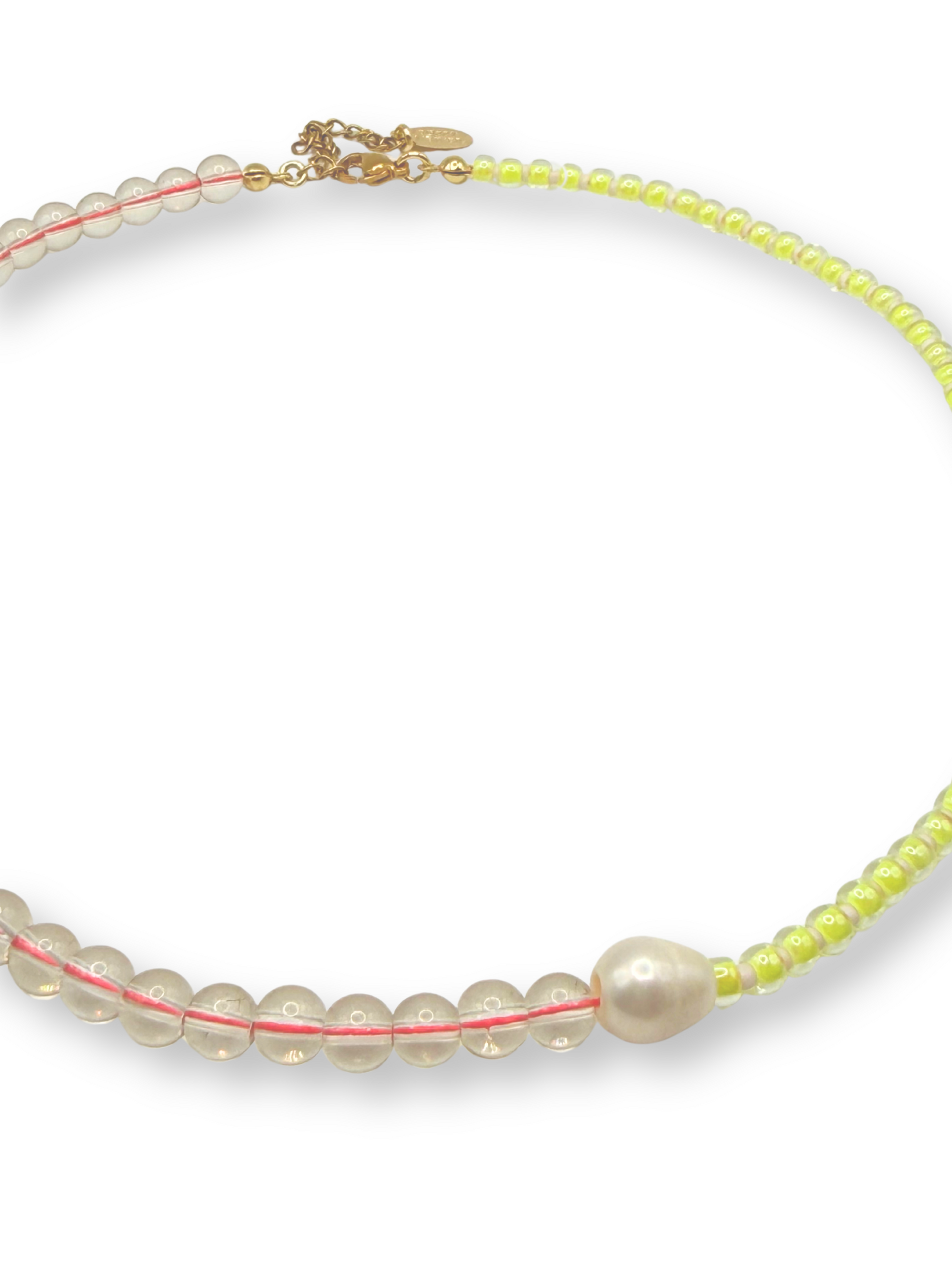 A double-strand beaded necklace featuring translucent white pearls and neon yellow-green beads separated by thin pink strings, with a gold clasp.