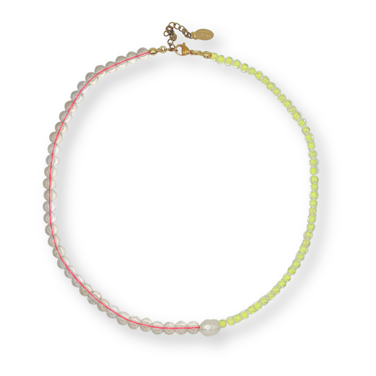 A delicate beaded necklace with quartz beads transitioning from pale pink to light green, featuring a single white pearl at the center and a gold-plated clasp.