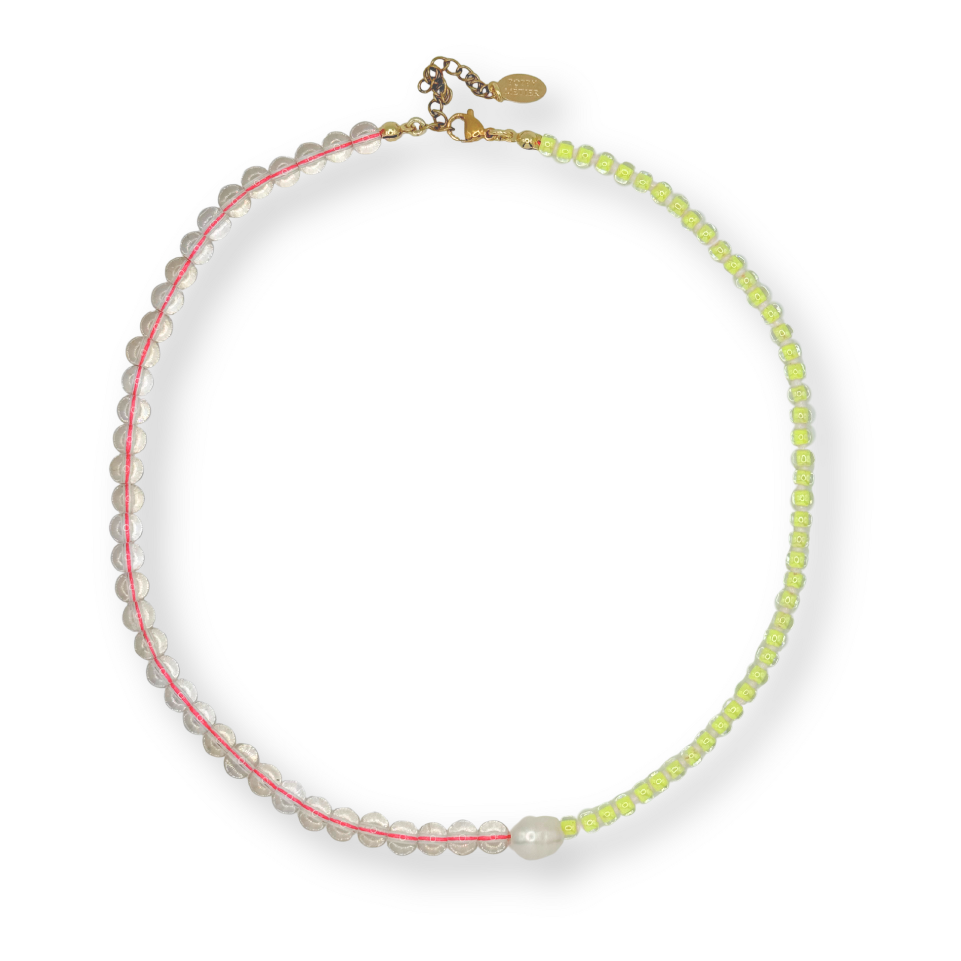 A delicate beaded necklace with quartz beads transitioning from pale pink to light green, featuring a single white pearl at the center and a gold-plated clasp.