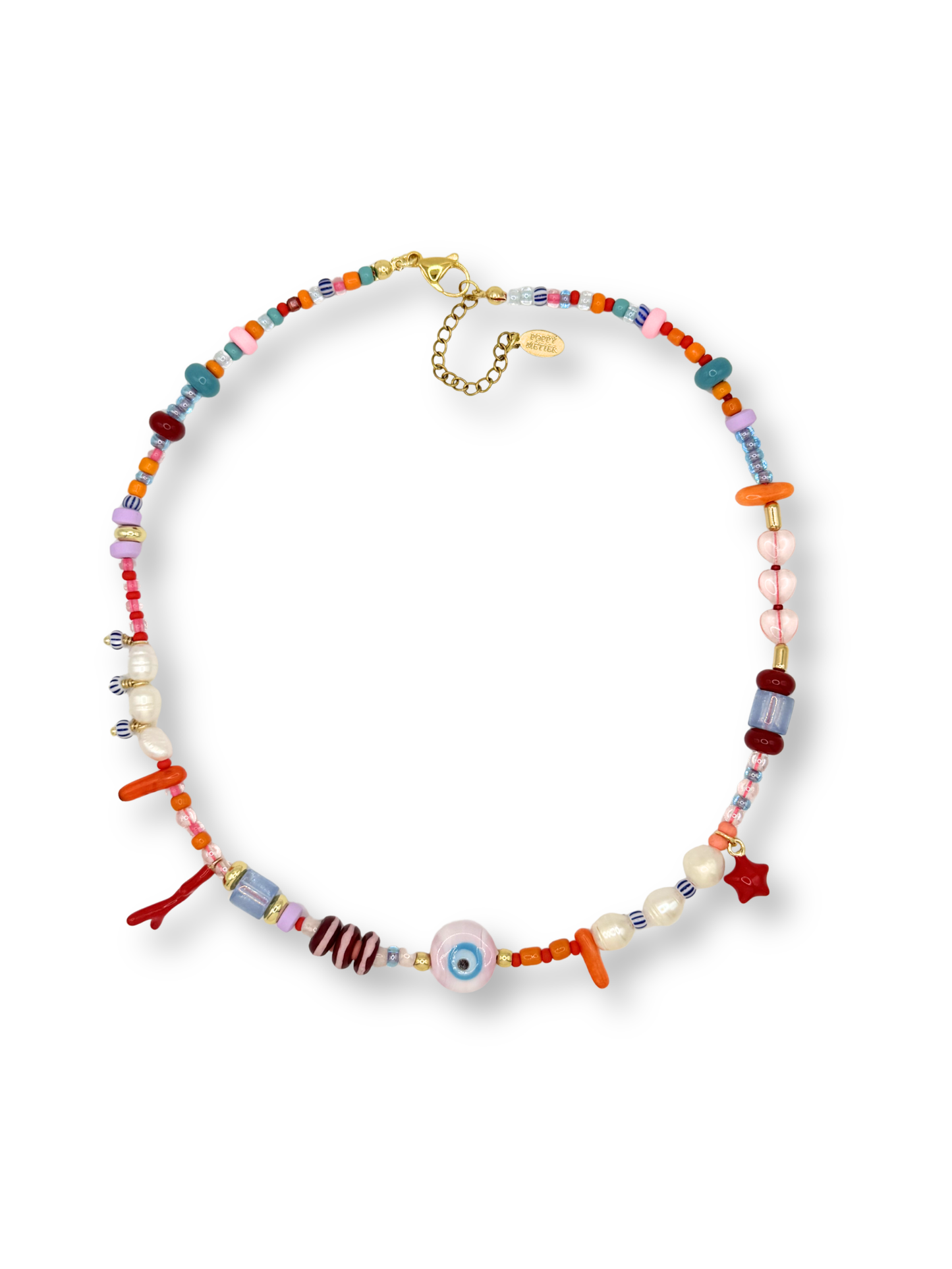 Colorful beaded necklace with a gold clasp and colors, orange, lilac, and blue on a white background