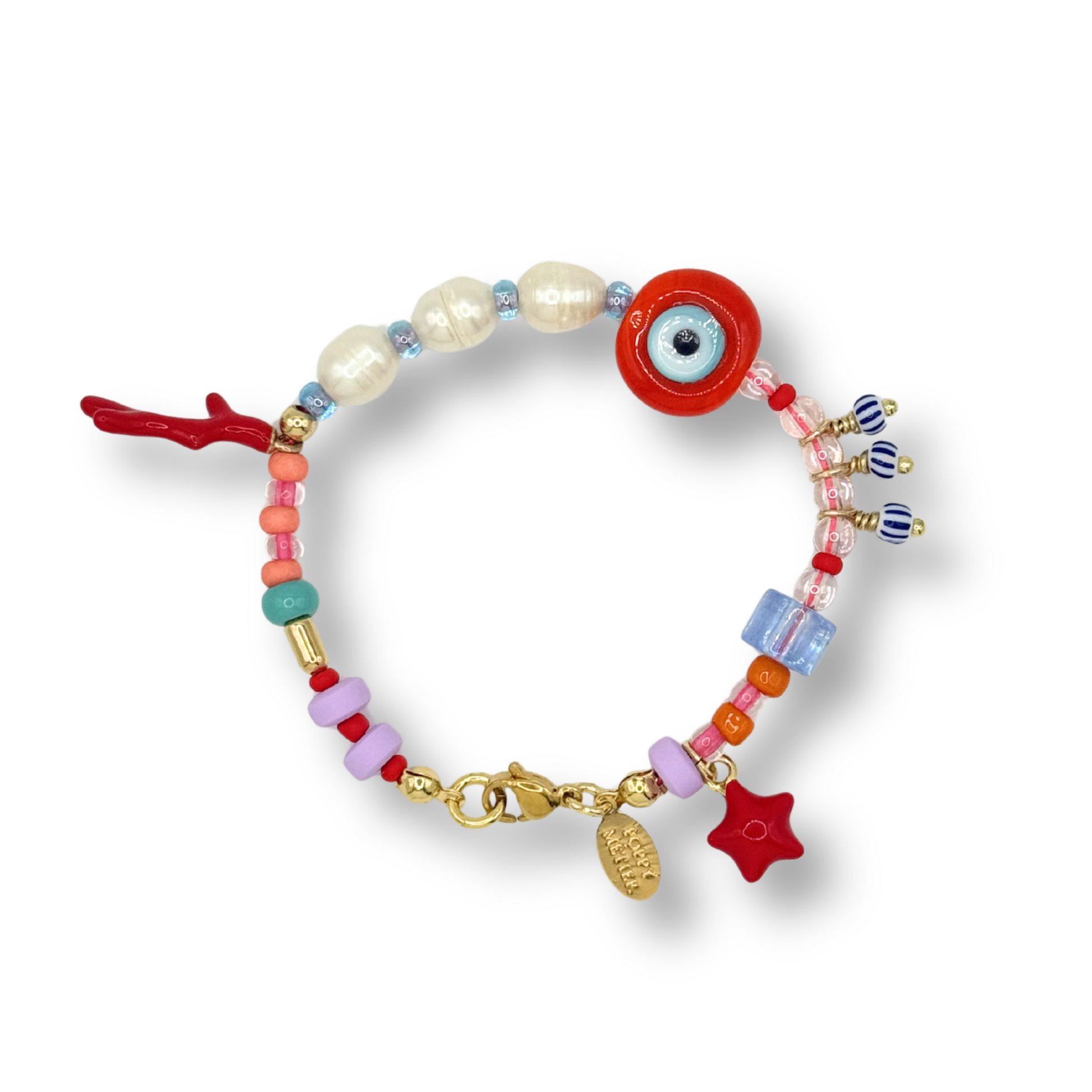 Colorful beaded bracelet with charms on a white background