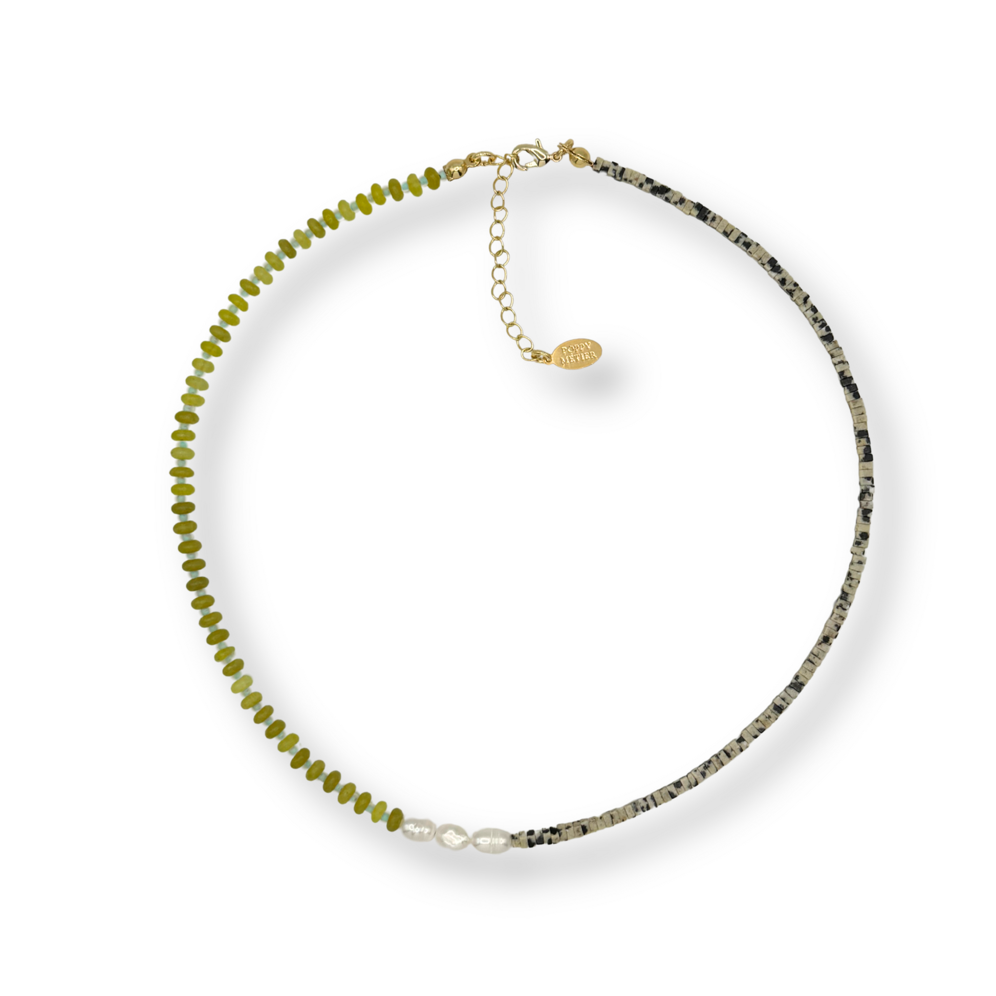 A delicate choker necklace displayed on a white background. The left side of the necklace is composed of small, round olive green beads, while the right side features a textured black and white marbled pattern.