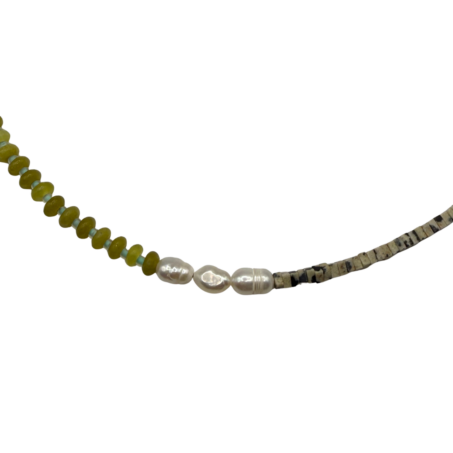A beaded necklace featuring olive green beads, three irregular white baroque pearls, and textured gray and black spacer beads on a white background.