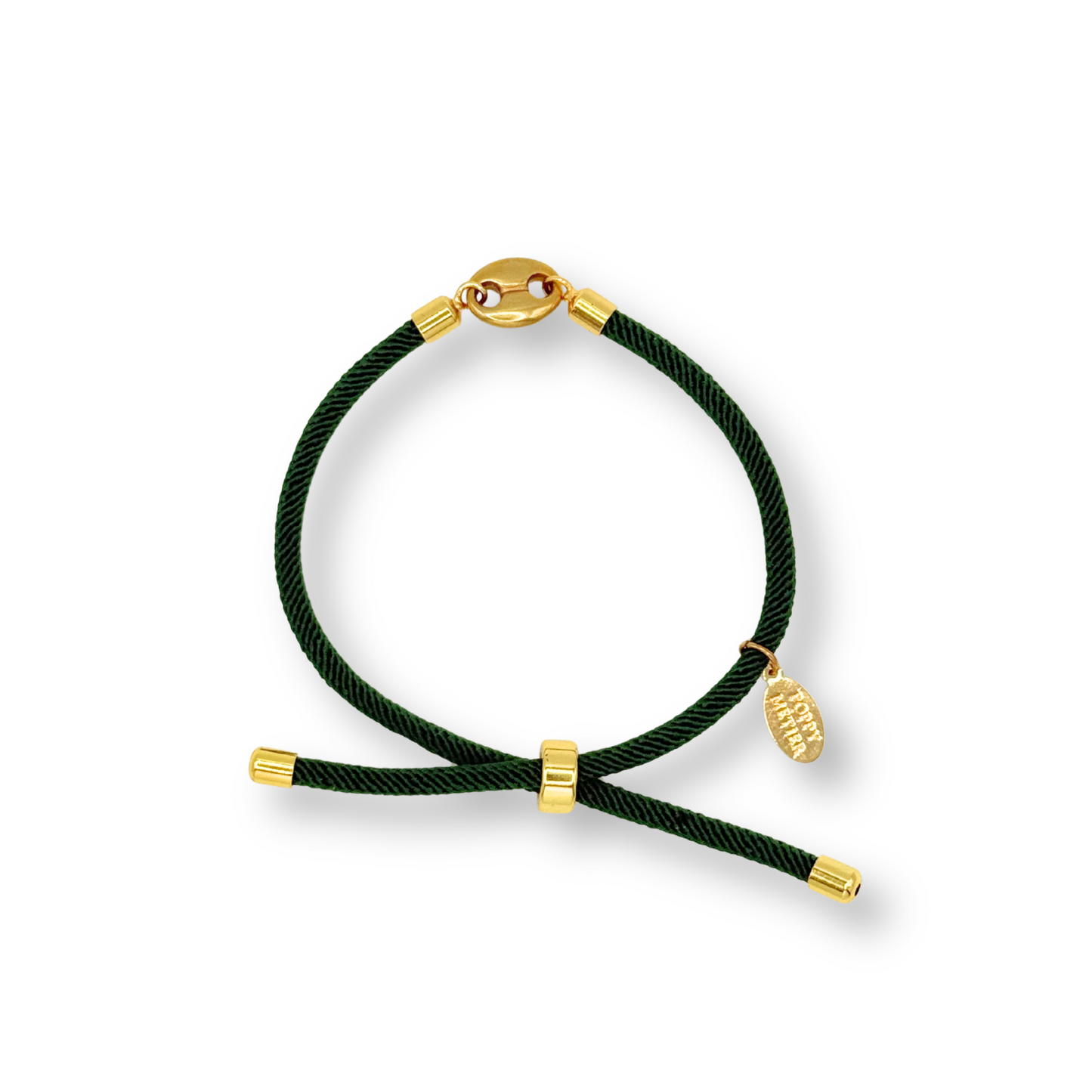 Green bracelet with gold accents on a white background
