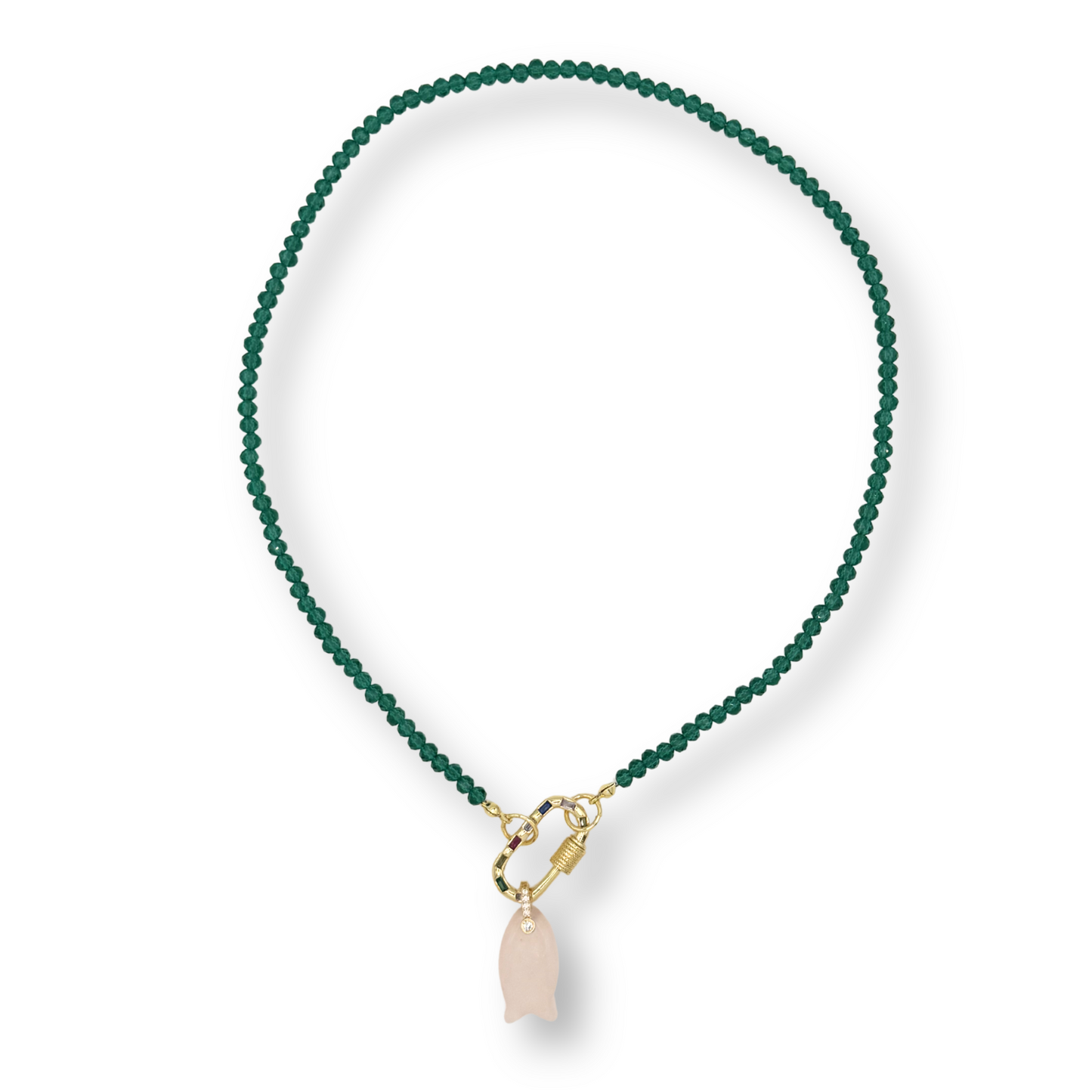 Green beaded necklace with a gold clasp and pink pendant on a white background