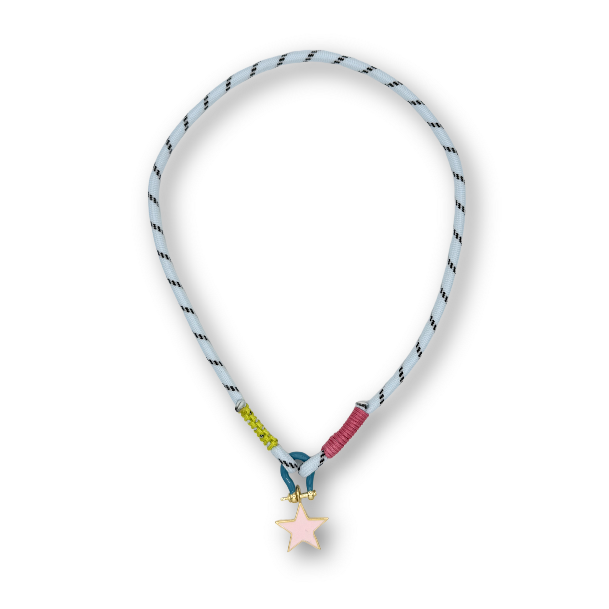 light blue cord necklace with pink and green accents and a pink star pendant on a white background