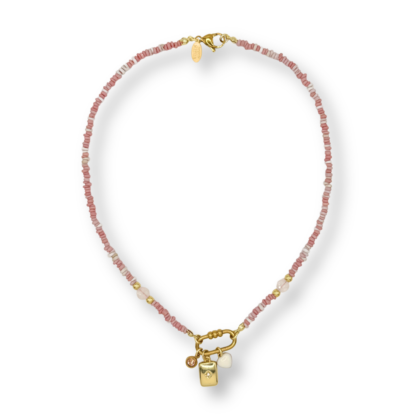 Necklace with pink beads and gold clasp on a white background