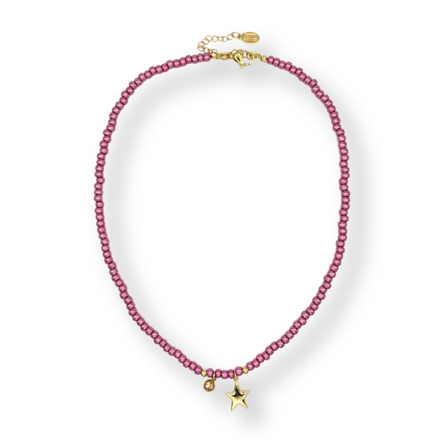 Pink beaded necklace with a gold clasp on a white background