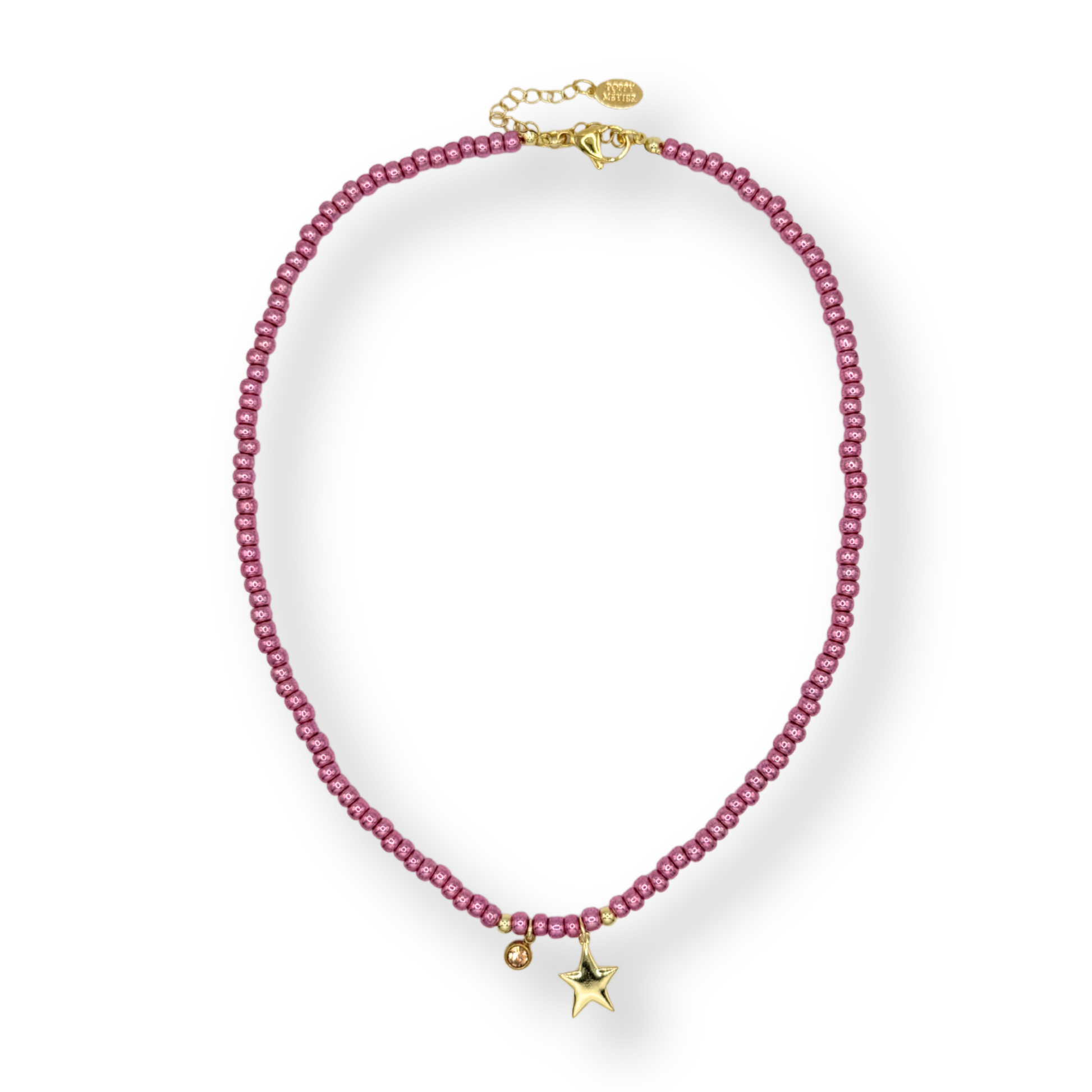 Pink beaded necklace with a gold clasp on a white background