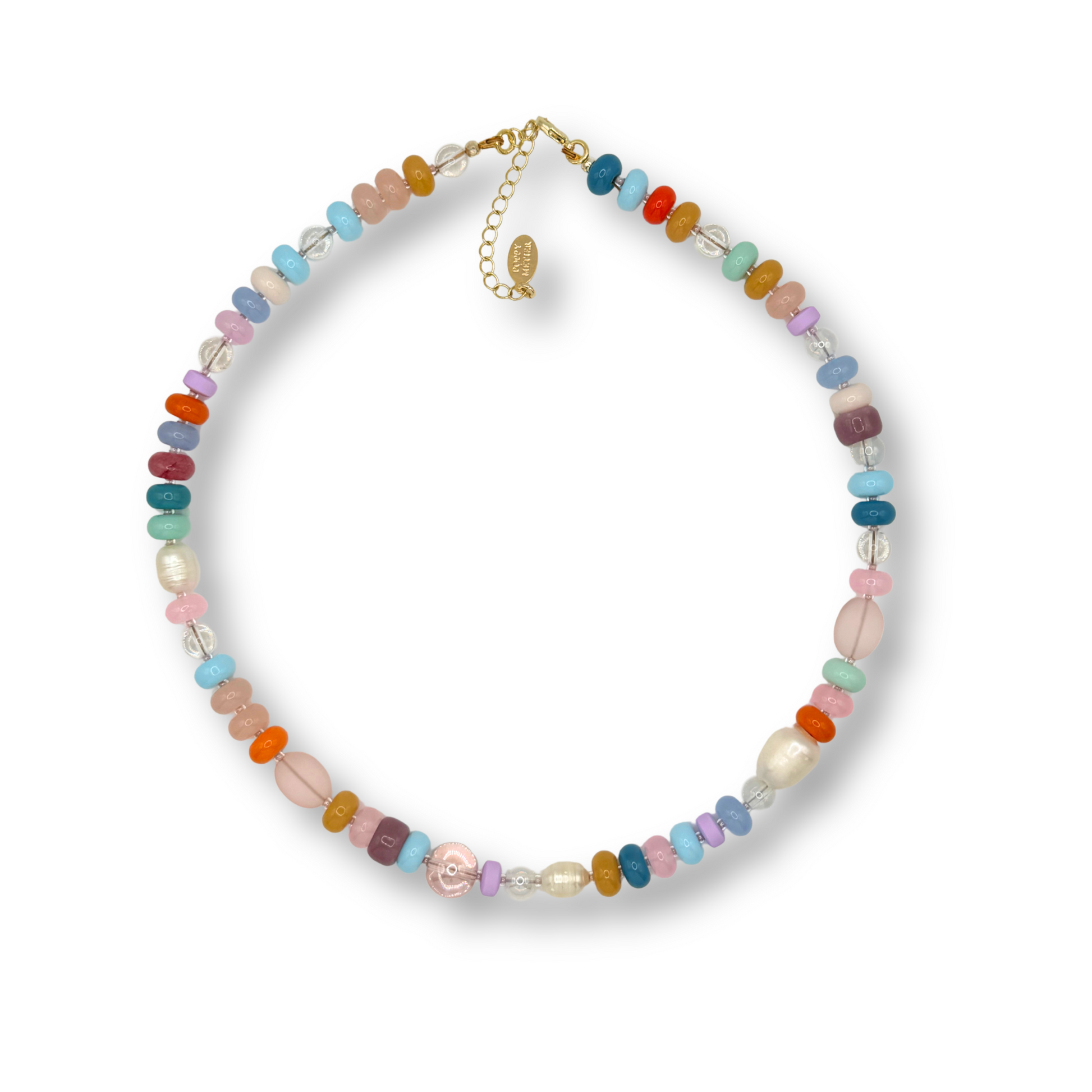 A beaded necklace with a mix of colorful faceted beads in orange, blue, pink, purple, green, and yellow, accented by a few white pearls and a gold clasp, shown on a plain white background.