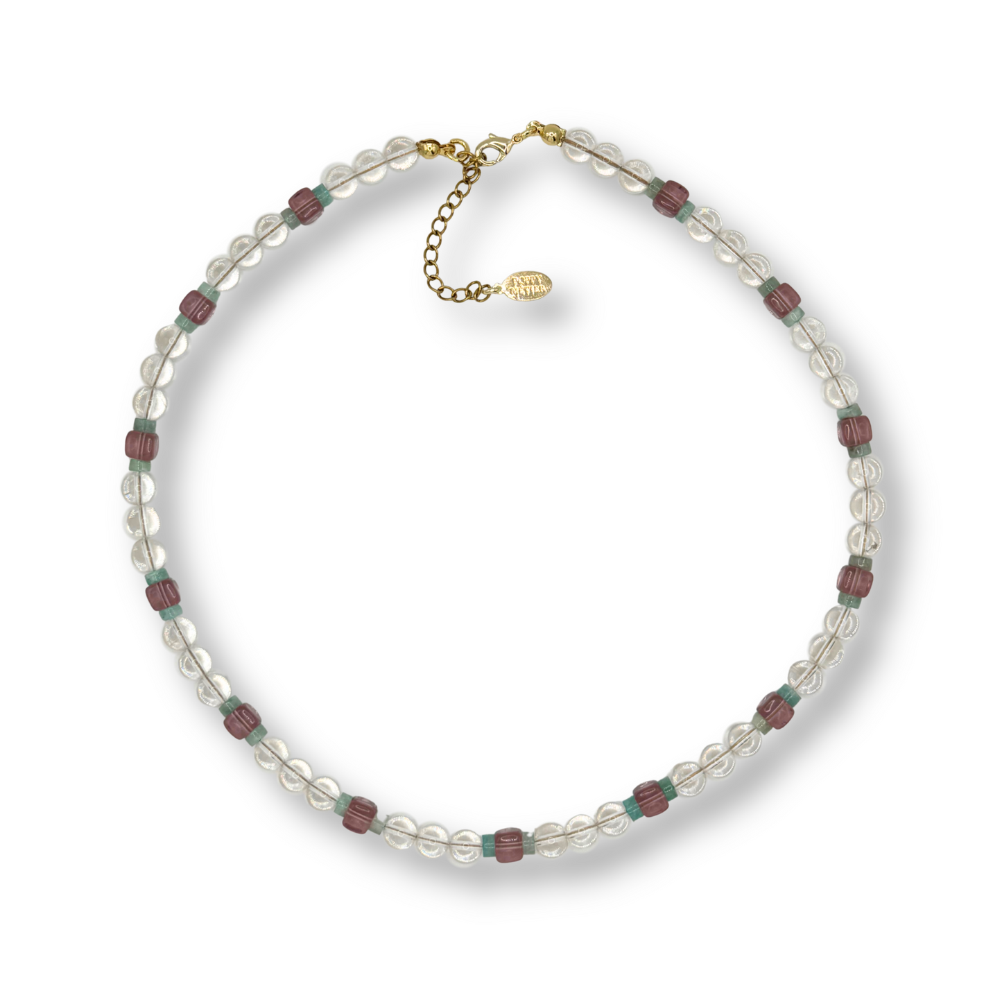 A beaded necklace featuring clear beads separated by small reddish-brown and green spacer beads, with a gold-tone clasp and extender chain, displayed on a clean white background.