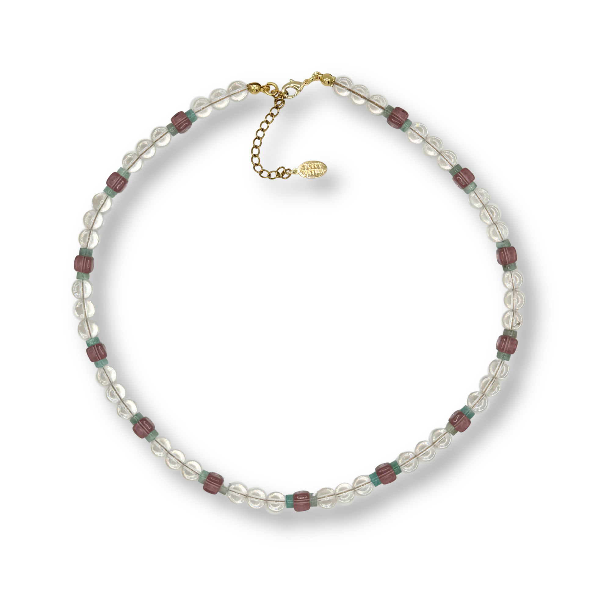 A beaded necklace featuring clear beads separated by small reddish-brown and green spacer beads, with a gold-tone clasp and extender chain, displayed on a clean white background.