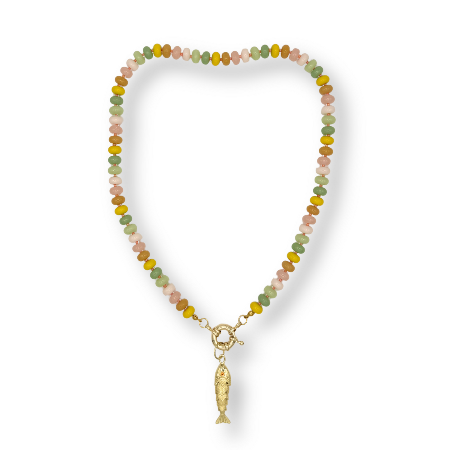 yellow, pink and green beaded necklace 