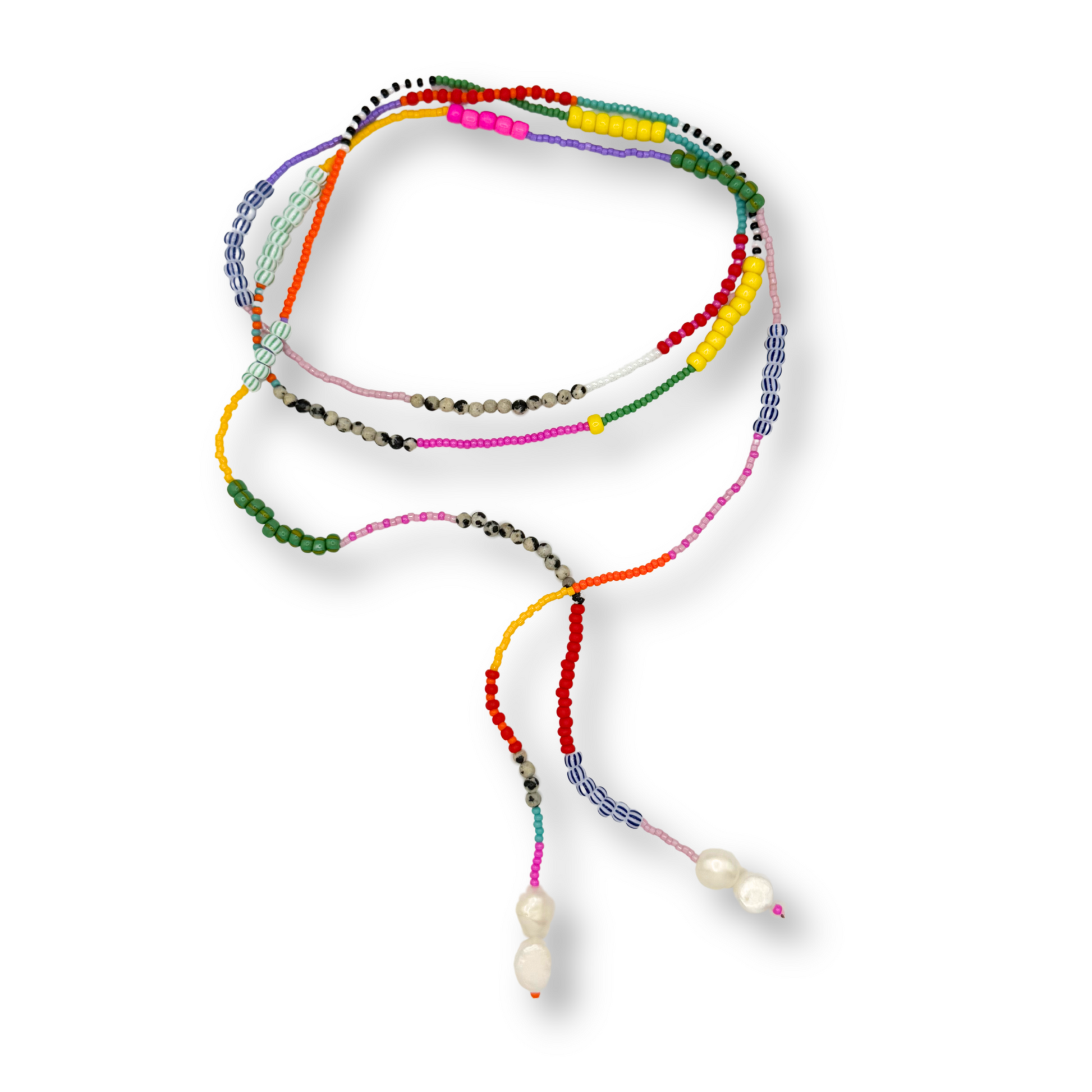 A multicolor beaded necklace with white pearl-like beads at the ends, displayed on a clean white background.
