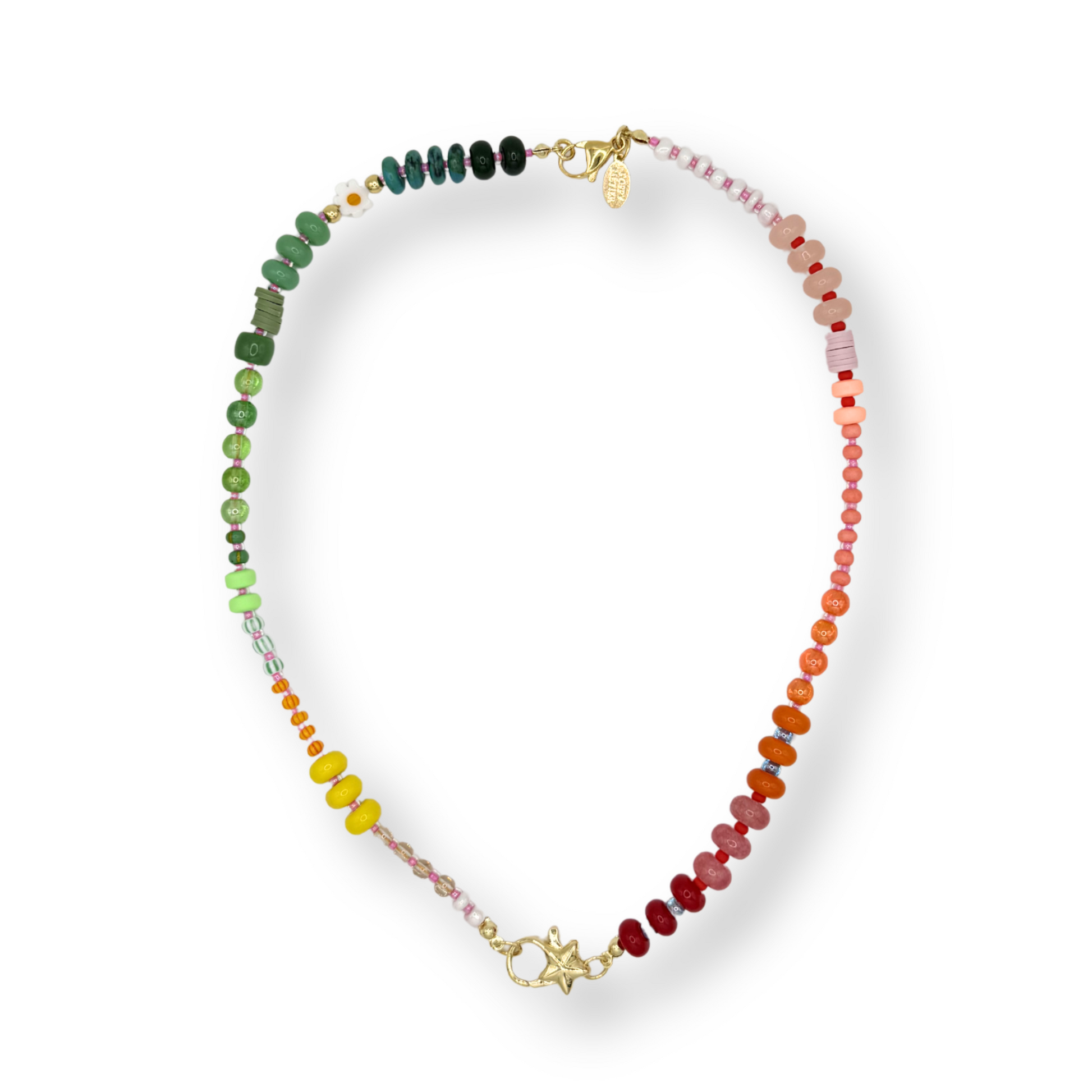 Multicolored beaded necklace on a white background