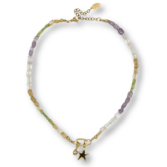 Necklace with star charm and multicolored beads on a white background