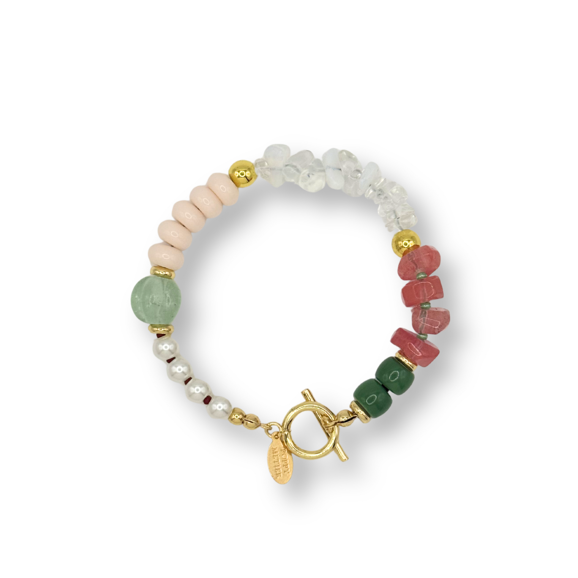 Multicolored beaded bracelet with a gold clasp on a white background