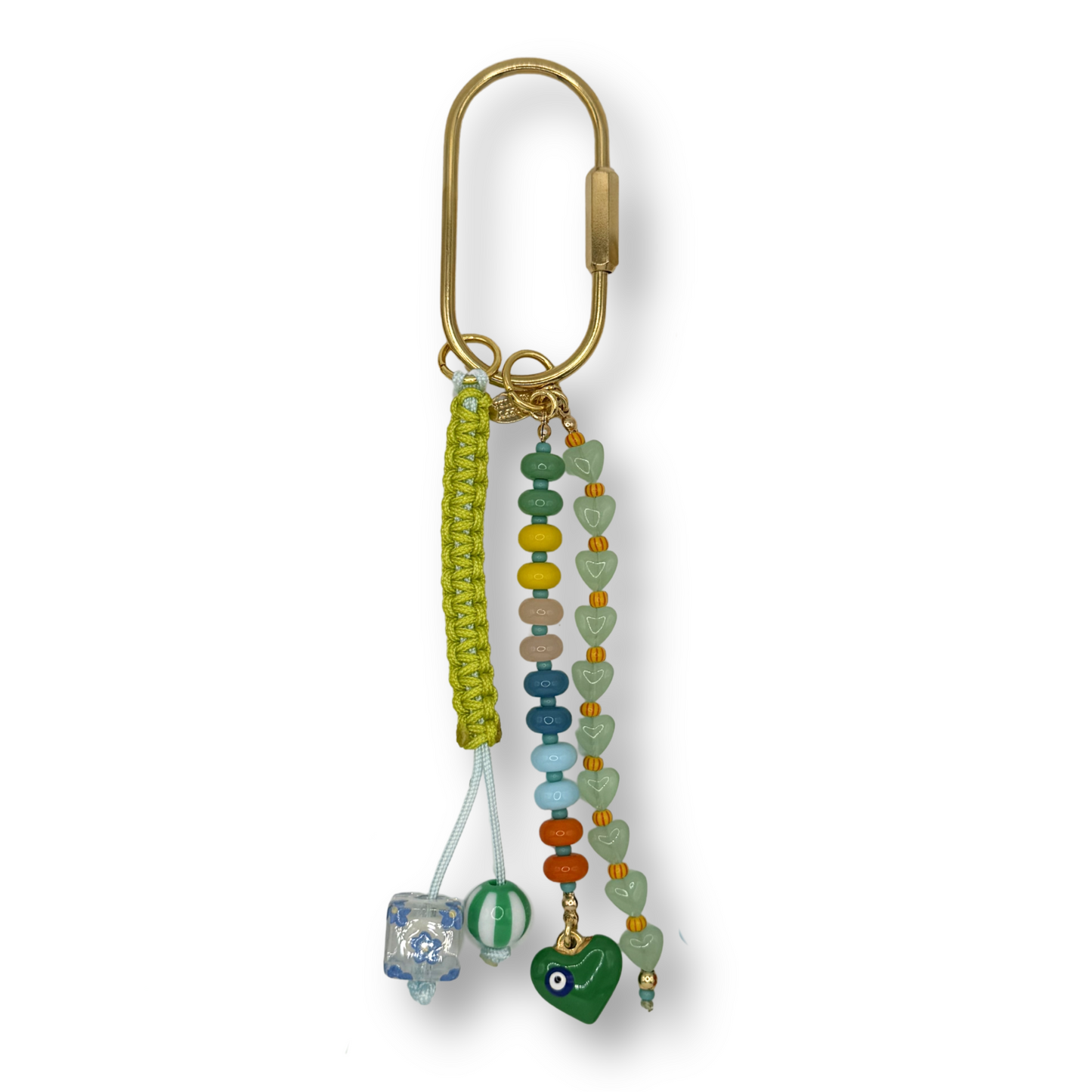 Colorful beaded keychain with a gold clasp on a white background