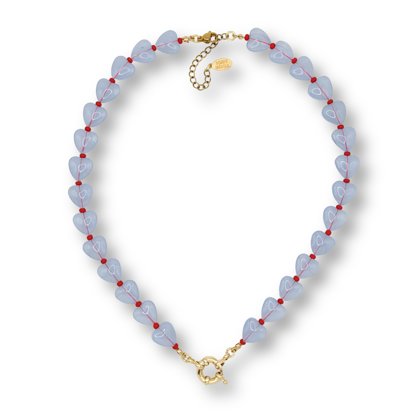 Necklace with blue beads and gold clasp on a white background