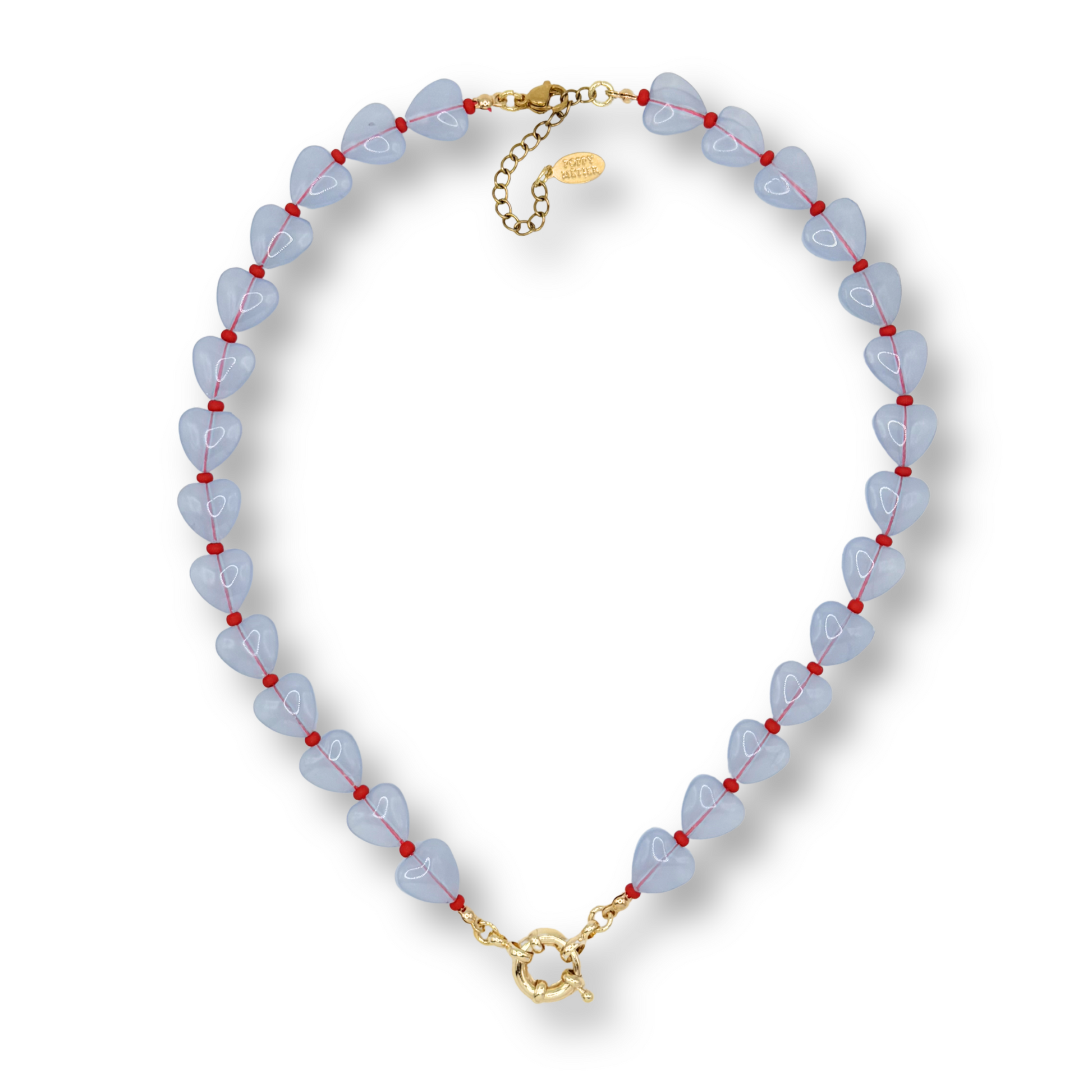 Necklace with blue beads and gold clasp on a white background