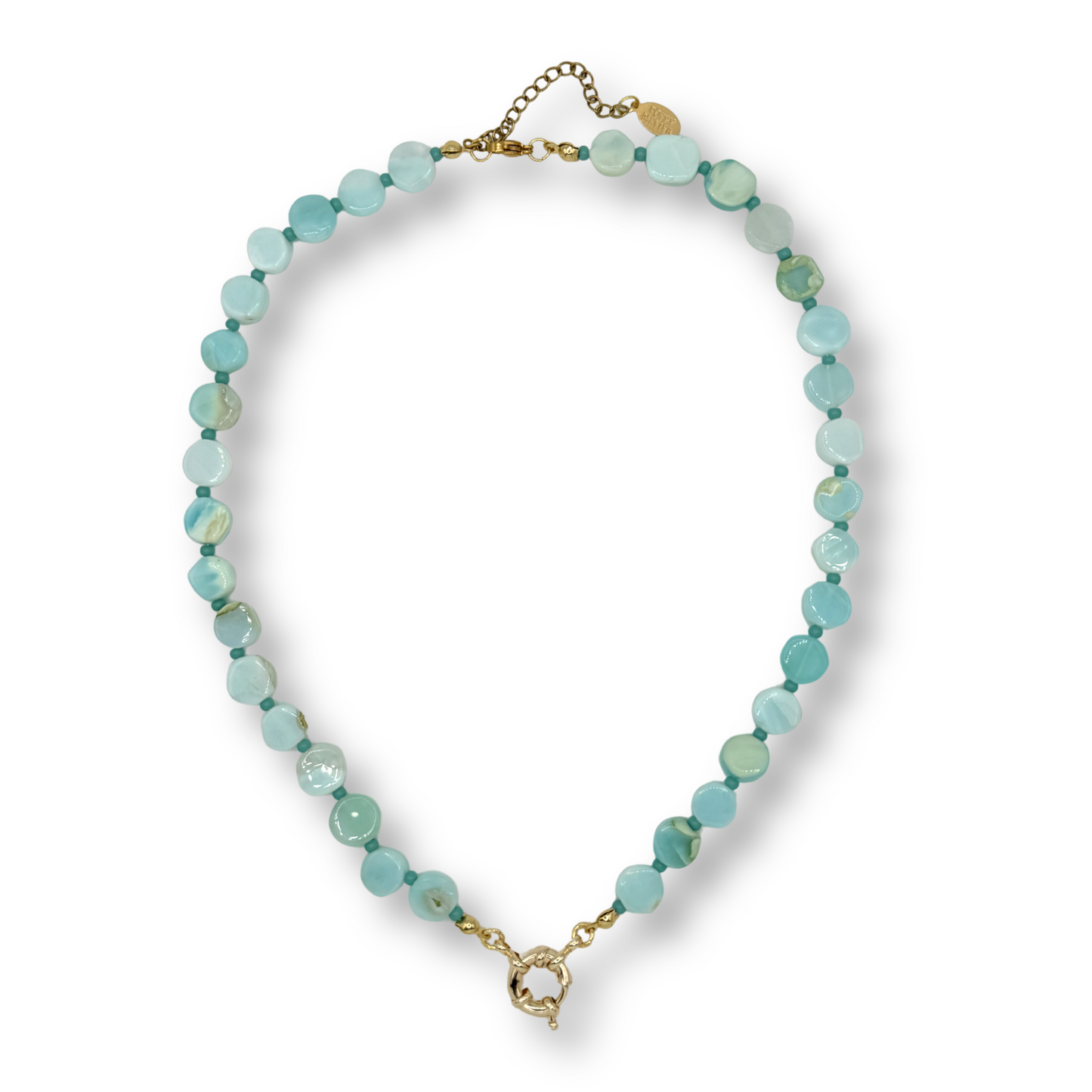 Turquoise beaded necklace with gold clasp on a white background