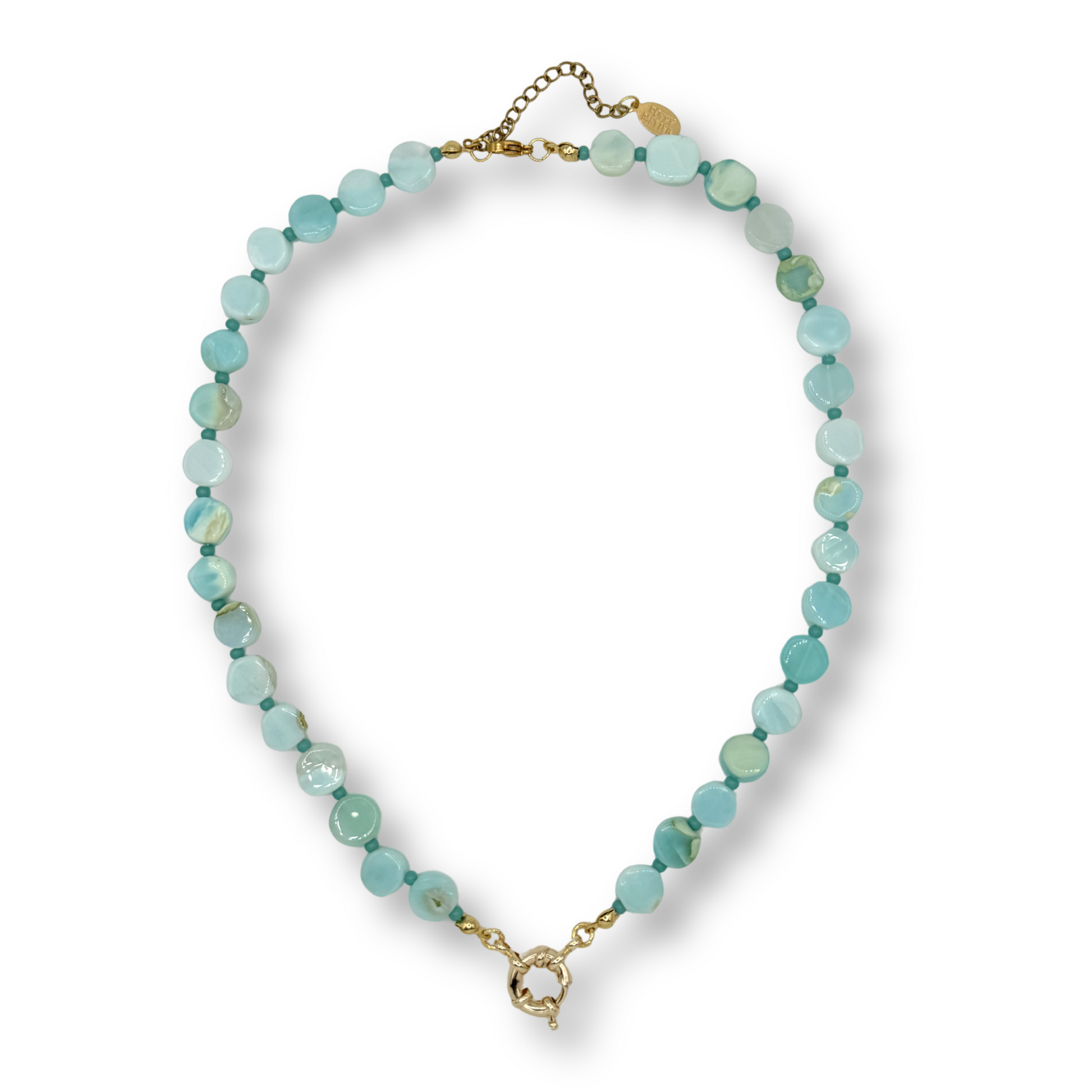 Turquoise beaded necklace with gold clasp on a white background