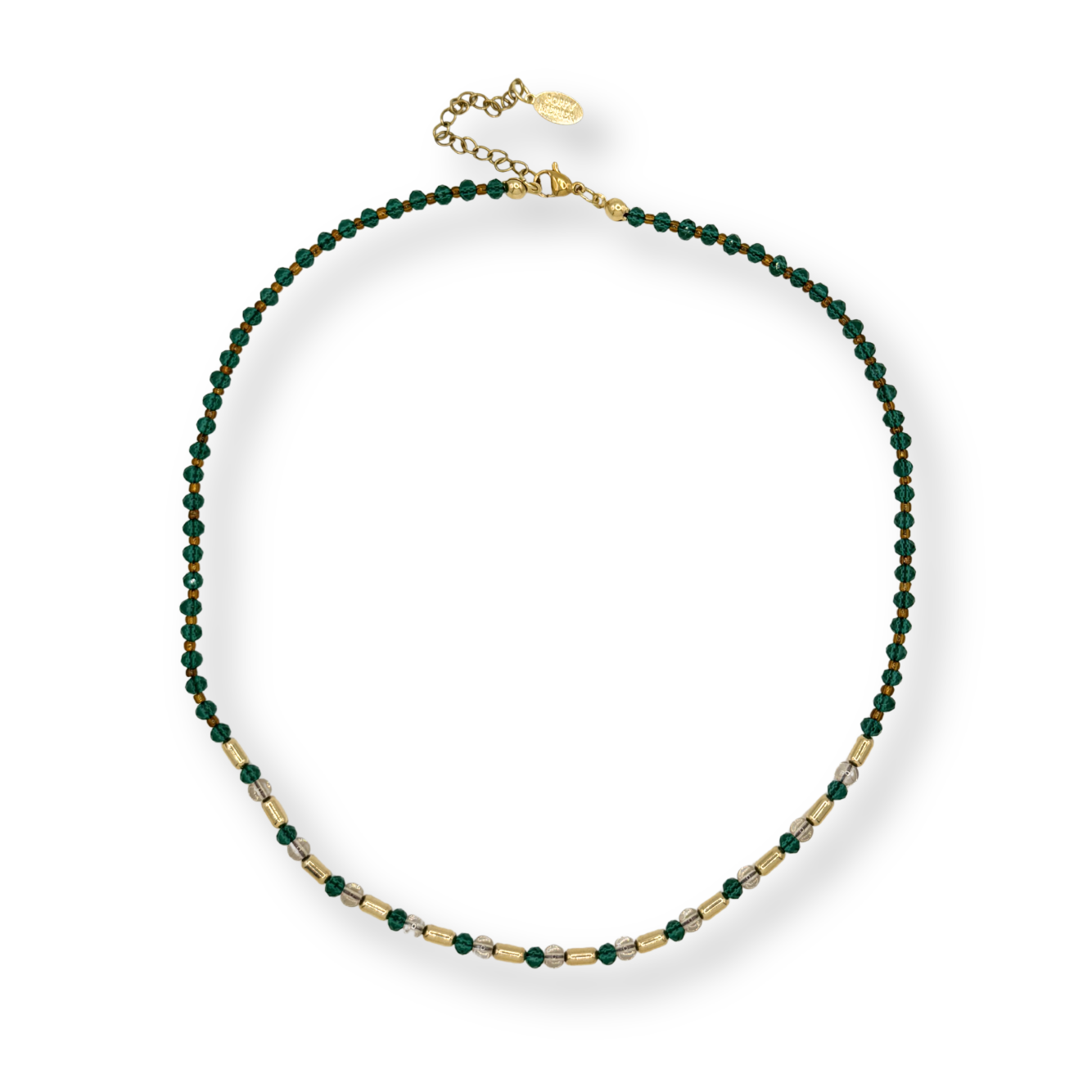 Green beaded necklace with gold accents on a white background
