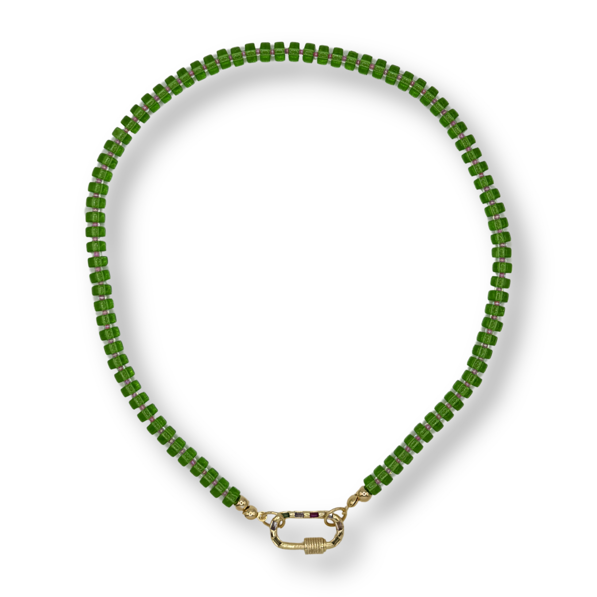 Green beaded necklace on a white background