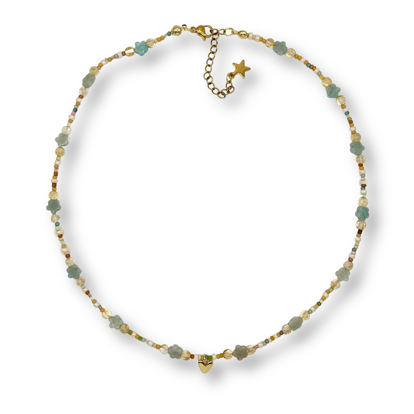 Necklace with green beads and gold chain on a white background