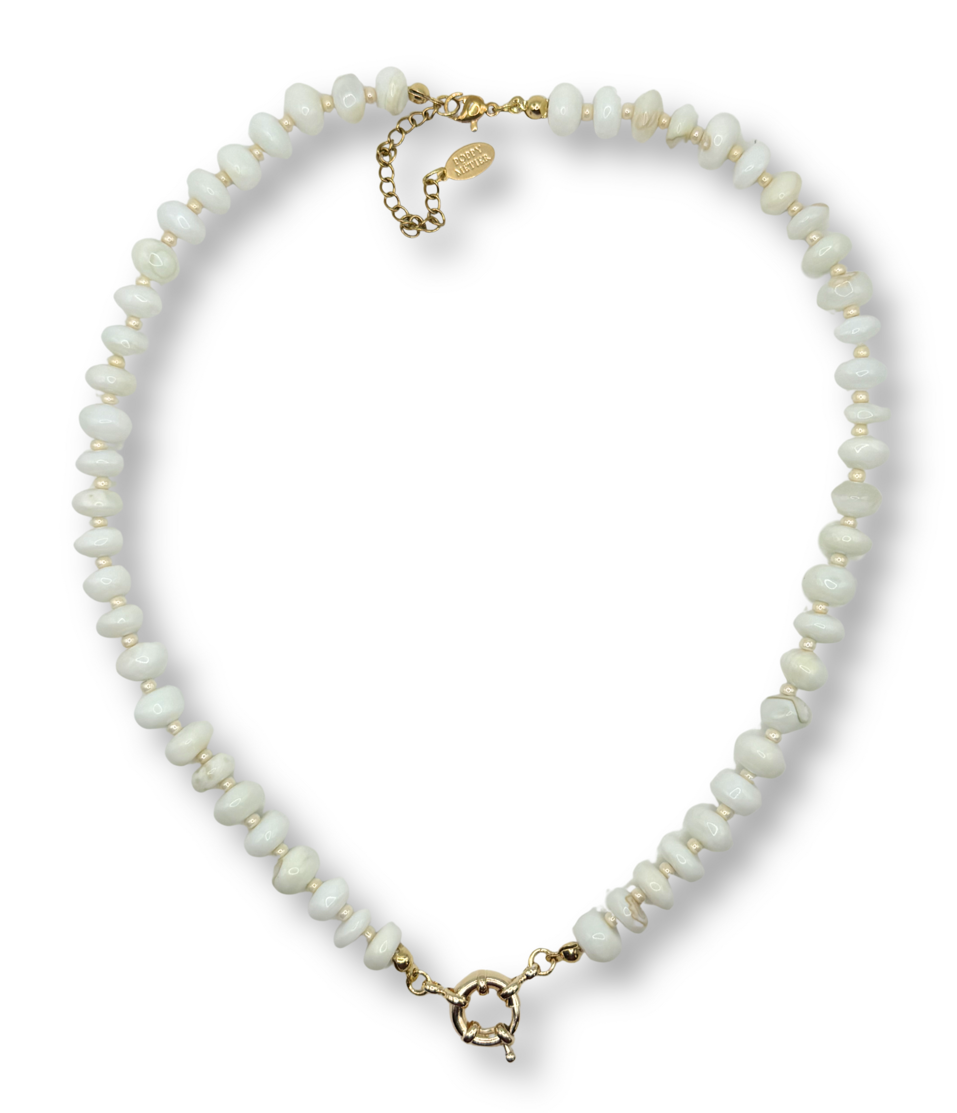 opal necklace with gold clasp on a white background