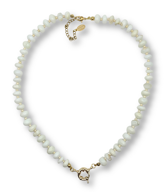 opal necklace with gold clasp on a white background